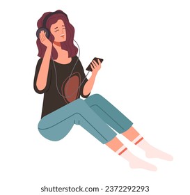 Girl woman character listening music isolated concept. Vector flat graphic design illustration