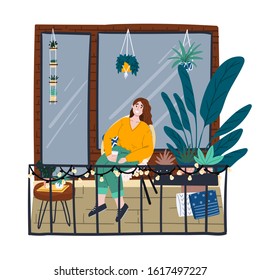 Girl or woman is chilling on the balcony full of houseplants. Urban jungle aesthetic. Hand drawn cartoon style concept illustration for magazine, advertisement, banner, flyer, card etc. 