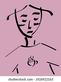 A girl or a woman with coffee hand drawn line art in a simple minimalistic style