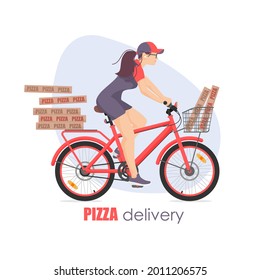 Girl, woman, courier on red bicycle, cycle, bike with delivery pizza box with blue spot on white background. Vector illustration for design, flyer, poster, banner, web, advertising.