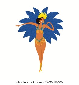 Girl, woman dancer in carnival costume, bikini with feathers, isolated on white. Hand drawn character vector illustration. Brazilian, Colombian carnival concept. Poster, flyer, banner design element