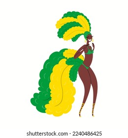 Girl, woman dancer in carnival costume, bikini with feathers, isolated on white. Hand drawn character vector illustration. Brazilian, Colombian carnival concept. Poster, flyer, banner design element