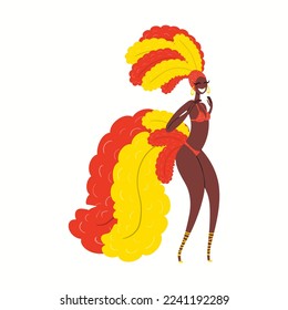 Girl, woman dancer in carnival costume, bikini with feathers, isolated on white. Hand drawn character vector illustration. Brazilian, Colombian carnival concept. Poster, flyer, banner design element