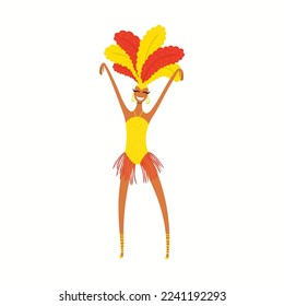 Girl, woman dancer in carnival costume, bikini with feathers, isolated on white. Hand drawn character vector illustration. Brazilian, Colombian carnival concept. Poster, flyer, banner design element