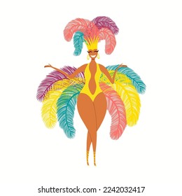 Girl, woman dancer in carnival costume, bikini with feathers, isolated on white. Hand drawn character vector illustration. Brazilian, Colombian carnival concept. Poster, flyer, banner design element