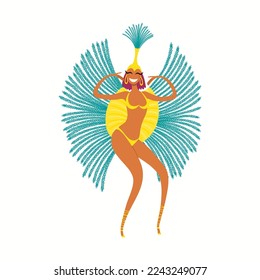 Girl, woman dancer in carnival costume, bikini with feathers, isolated on white. Hand drawn character vector illustration. Brazilian, Colombian carnival concept. Poster, flyer, banner design element