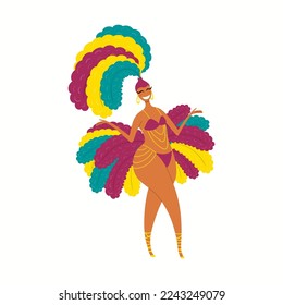 Girl, woman dancer in carnival costume, bikini with feathers, isolated on white. Hand drawn character vector illustration. Brazilian, Colombian carnival concept. Poster, flyer, banner design element