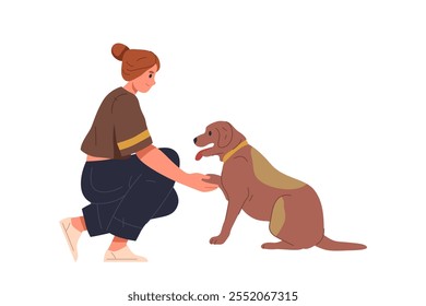 Niña o mujer con pata de perro. Clipart de Vector aislado para personas y mascotas. Mascotas y cuidado canino. Propietaria acompañante. Acompañamiento y amistad animal, conexión. Símbolo de la infancia. Elemento peludo