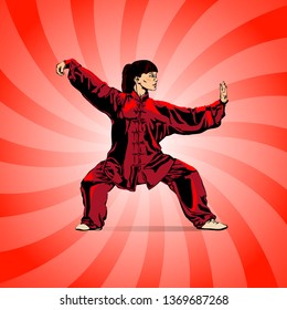Girl or woman doing physical exercise Wushu or Kung fu, fighting stance isolated on red background. Vector illustration.