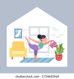 Girl or woman doing yoga at home. Exercises for health, posture, relaxation, meditation, concentration. Stay at home. Flat interior, furniture. Morning routine workout, vector illustration.