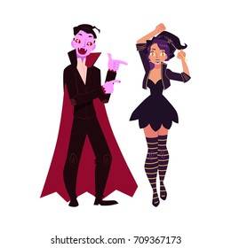 Girl, woman dressed as witch, magician, man in vampire costume, Halloween party, cartoon vector illustration isolated on white background. Couple dressed for Halloween - witch girl and dracula man