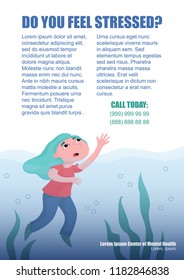 Girl, woman drowning in deep water, crying for help, depression, mental problem flyer, leaflet template design, flat vector illustration. Drowning woman, girl, depression, mental health flyer template