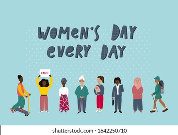 Girl Woman every day portrait character feminist illustration. Female inspiration graphic design typography element. Hand drawn sticker. Simple vector symbol. Color people inclusive diversity.