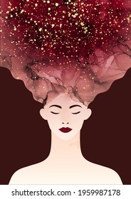 Girl or woman face with dark red watercolor stained hair in alcohol ink style. Fluid art with golden glitter.