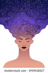 Girl or woman face with hair of dark purple watercolor stains like space or fluid art with golden glitter and stars.