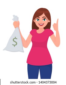 Girl, Woman, Or Female Holding/showing Cash, Money, Currency Note Bag With Dollar Sign And Pointing Up Index Finger. Modern Lifestyle, Business And Finance Concept Illustration In Vector Cartoon Style