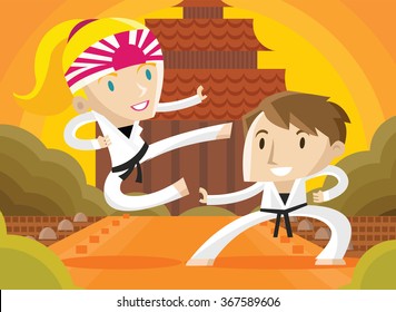 girl and woman fighting in a karate dojo