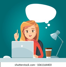 Girl woman freelancer with idea bubble working telecommuting with laptop siting at workplace teleworking. Telework mobile remote work working from home, WFH, flexible workplace. Vector