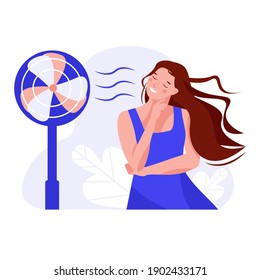 A girl or woman in front of an electric fan on hot summer days. Air conditioning, refreshing and refrigeration concept. Vector illustration in flat cartoon style.