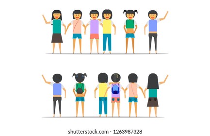 girl woman group friendship party together front-back view vector illustration ep10