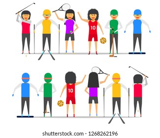 girl woman group friendship sport golf tennis basketball ski snowboard ice hockey front-back view vector illustration ep10