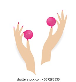 Girl or woman hands held up raised holding pink  circle isolated on white background. Vector illustration