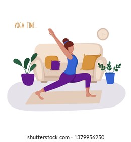 girl or woman and her hobby or daily activity - yoga, training and meditation on mat in cozy room. Cute female character is resting and relaxing at home, doing exercises. Flat style, vector 