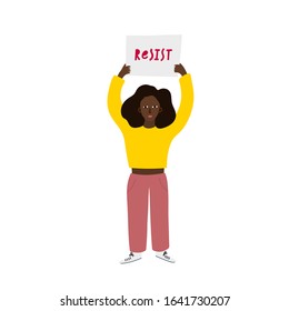 Girl Woman holding banner character feminist illustration. Female inspiration graphic design typography element. Hand drawn Simple vector symbol. Black people life matters protest resist