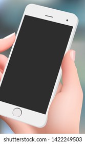 Girl / woman holding modern phone in hand. Realistic detailed vector mock up / template with an empty screen.