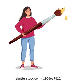 Girl or woman holding a paintbrush. Artist concept. Vector illustration isolated on white background.