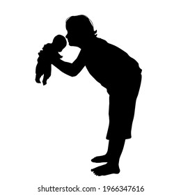 Girl, woman holding a small child in her arms. Black silhouette. Vector illustration.