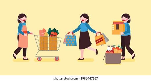 Girl, Woman, Housewife Shopping Stuff From Shop, Store, and Supermarket, Vector, Illustration