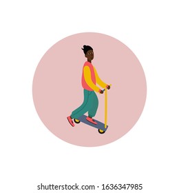 Girl Woman icon circle portrait character feminist illustration. Female inspiration graphic design typography element. Hand drawn sticker. Simple vector symbol. Black people life matters scooter move