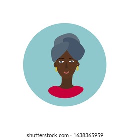 Girl Woman icon circle portrait character illustration. Female inspiration graphic design typography element. Hand drawn sticker Simple vector symbol Black people life dhuku head wrap