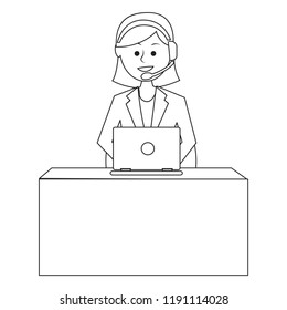 Girl woman lady customer care representative talking speaking over headphone laptop working office desk sales girl support
