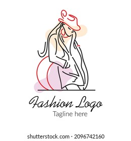 Girl or woman line art with fashion concept logo vector illustration and dummy text on white background.