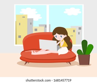 a girl or woman with long brown hair sitting on red sofa and working with her computer laptop for working from home, apartment or condo, now for quarantine by corona or covid 2019 with sky, buildings