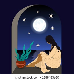 A girl or woman in a long dress sitting in an arch while looking at the ocean or sea horizon with a rising moon. Vector illustration