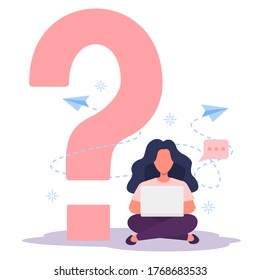 Girl, woman  looking at the laptop. Question mark symbol. Worker, student, character does not understand the teacher's task or question. Looking for answer in the Internet. Vector flat illustration.