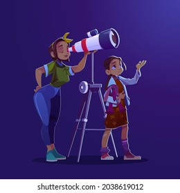 Girl and woman looking through telescope. Concept of astronomy education, cosmos exploration and discovery. Vector cartoon illustration of mother and daughter watching stars and planets
