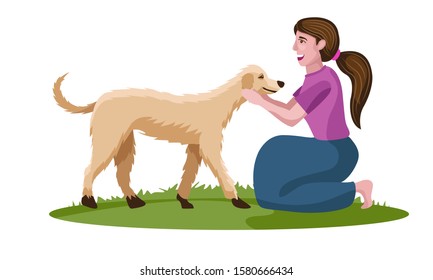 girl, woman loving dog, pet love vector illustration