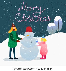 girl and woman making snowman. cute vector illustration. cartoon family. Merry Christmas happy new year winter illustration, family with kid on snow landscape background. Modern people holiday design 