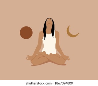 Girl or woman meditate in lotus asana or position with sun and moon on both sides. Meditation or inner balance concept. Trendy minimalistic pastel terracotta colored vector illustration.