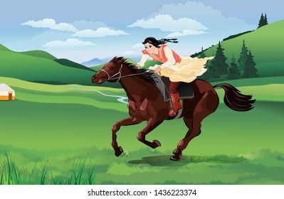 Girl woman in national costume, riding a horse among the mountains and hills. The Nauryz Holiday. Vector illustration