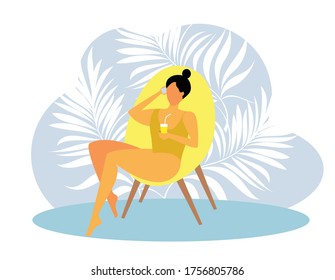 Girl woman on the beach with a phone and a glass of fresh tasty juice and palm leaves. Vector cartoon image.