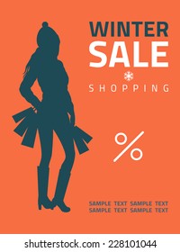 Girl or woman on big winter shopping sale hold bags. Sale poster vector illustration. 