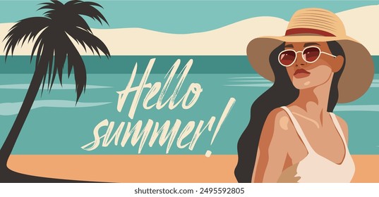 Girl woman on vacation on the beach. Summer time. Tourism. Banner with place for text, party, vacation and travel. Background on the theme of seasonal holidays, weekends. Vector posters