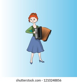Girl (woman) plays the accordion. Vector color illustration