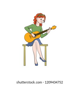 The girl (woman) plays the guitar. Vector color illustration.