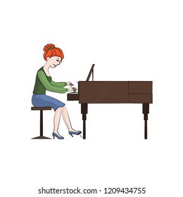 The girl (woman) plays the piano. Vector color illustration.